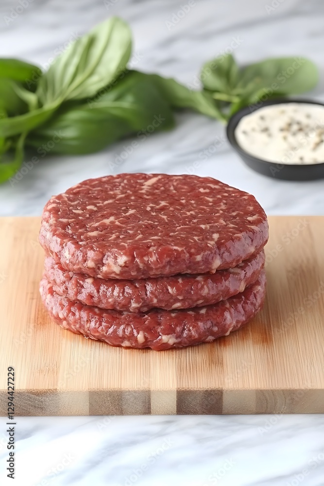 Three Juicy Raw Beef Patties on Wooden Board Three Juicy Raw Beef Patties on Wooden Board