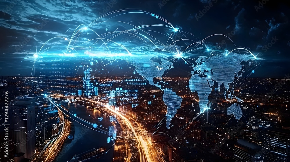 Vibrant digital world map with pulsating data links cloud computing hubs and real time financial exchange networks illustrating the abstract concept of global connectivity and data driven technology
