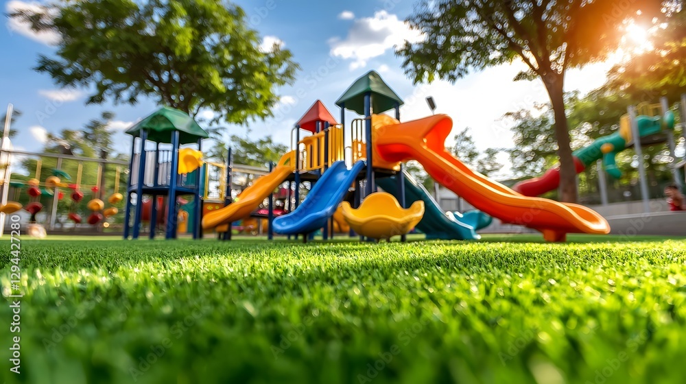 Vibrant colorful playground equipment set on lush turf surrounded by tall trees and a secure fencing system creating a cheerful and inviting outdoor play space for children under a sunny blue sky