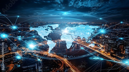 Obraz na płótnie Vibrant digital world map showcasing a global connectivity network with pulsating data links cloud computing hubs and real time financial exchange systems This abstract concept represents the modern w salonie