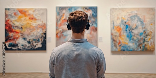 Minimal back view of man wearing headphones looking at abstract paintings visiting modern art gallery