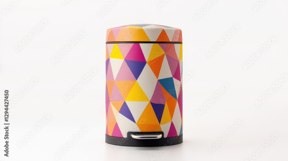 Fototapeta premium A designer trash can with a geometric pattern, placed on a smooth white background