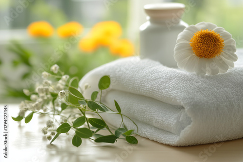 Soft White Towel on Marble Floor – Minimalist Spa Aesthetic