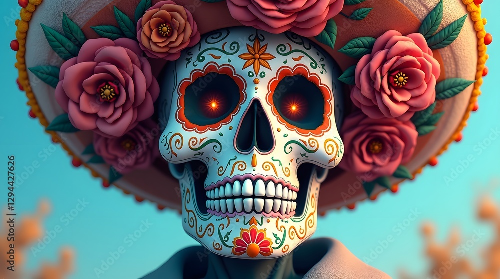 Obraz premium Colorful Sugar Skull with Floral Sombrero in a Desert Setting, Vibrant Día de los Muertos Calavera with Mexican Folk Art Design, Festive Sugar Skull with Decorative Sombrero and Bright Background