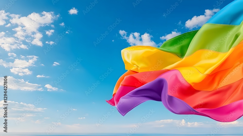 Vibrant LGBTQ Pride Flag Fluttering Proudly in Bright Sunlight Against a Vast Blue Sky Representing Inclusion for the LGBTQ Community