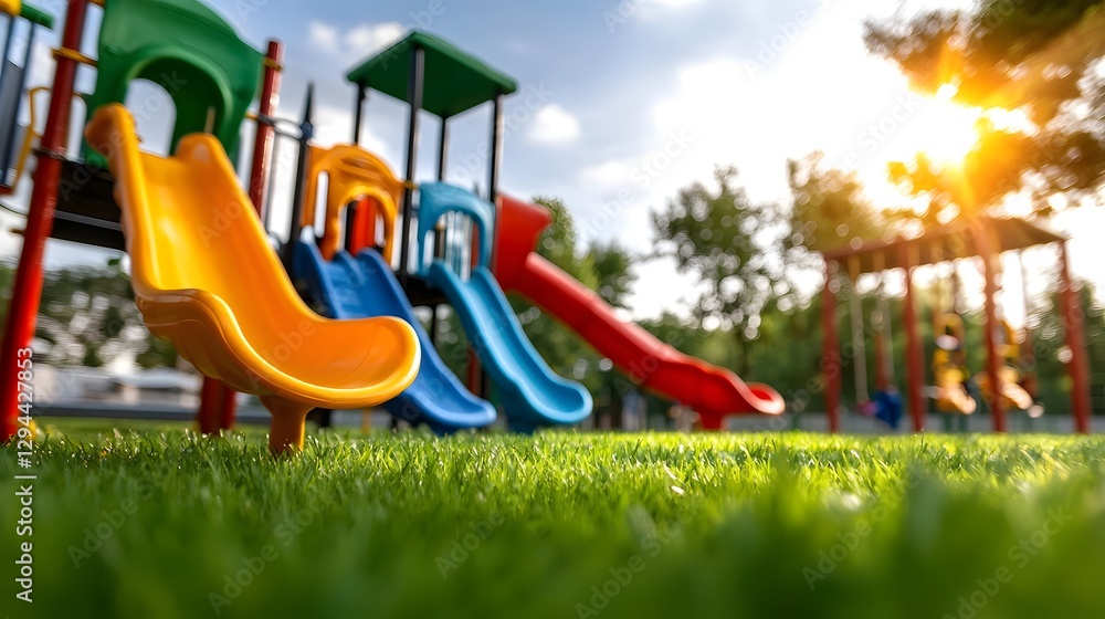 Vibrant Playground with Colorful Slides Swings and Climbing Structures Bathed in Warm Sunlight in a Well Maintained Park Setting Perfect for Fun and Recreation in a Safe Outdoor Environment