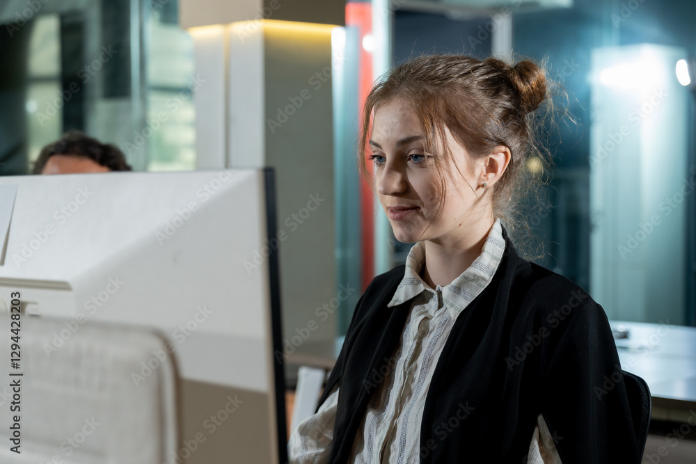 Young businesswoman working on desktop computer in office. Wearing black blazer and striped shirt, maintaining professional and focused expression. Glass walls and lighting creating contemporary Young businesswoman working on desktop computer in office. Wearing black blazer and striped shirt, maintaining professional and focused expression. Glass walls and lighting creating contemporary