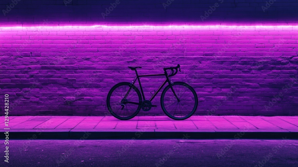 Fototapeta premium A glowing purple neon wall with a black road bike in perfect contrast