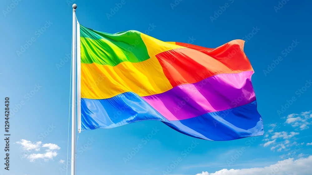 Vibrant rainbow pride flag gracefully waving in the wind against a clear blue sky symbolizing freedom with bold radiant colors
