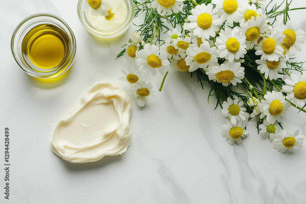 Natural Skincare Ingredients – Chamomile, Essential Oil & Cream on Marble