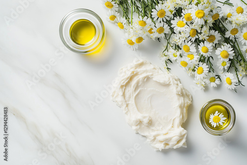Obraz na płótnie Natural Skincare Ingredients – Chamomile, Essential Oil & Cream on Marble w salonie