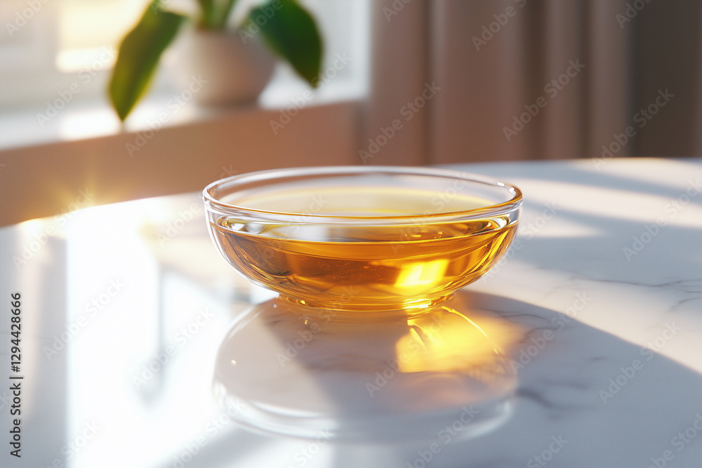 Golden Herbal Tea in Glass Bowl | Warm Sunlit Aesthetic on Marble Counter | Tranquil Tea Moment