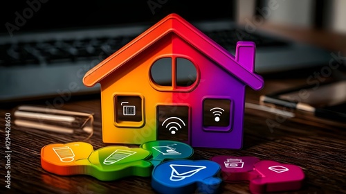 Vibrant Smart Home Concept with Floating Automation Icons and Rainbow House Model Showcasing Digital Innovation and LGBTQ Inclusivity in Modern Real Estate