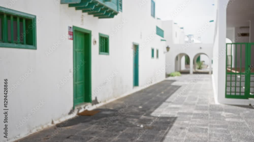 Defocused outdoor white houses with green doors and windows on a sunny day in lanzarote, spain, canary islands Defocused outdoor white houses with green doors and windows on a sunny day in lanzarote, spain, canary islands