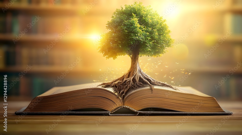Whimsical scene of an ancient oak tree emerging from the pages of a vintage book its roots entwined with aged scrolls