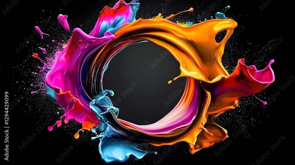 A mesmerizing abstract artwork featuring a dynamic and colorful liquid swirl explosion creating a perfect circular pattern