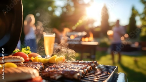 Obraz na płótnie A lively backyard barbecue scene with family and friends savoring the summer weather grilled burgers and ribs cold drinks and moments of laughter and togetherness The festive atmosphere greenery w salonie