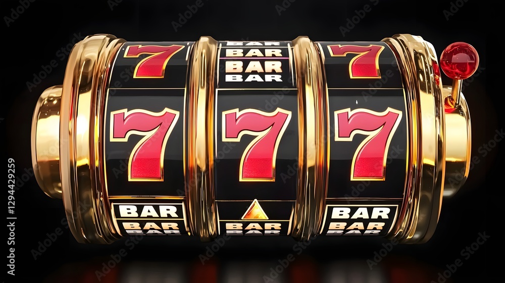 A sleek and futuristic 3D of a casino slot machine displaying the iconic jackpot 777 symbol The machine features a metallic glowing and high tech design