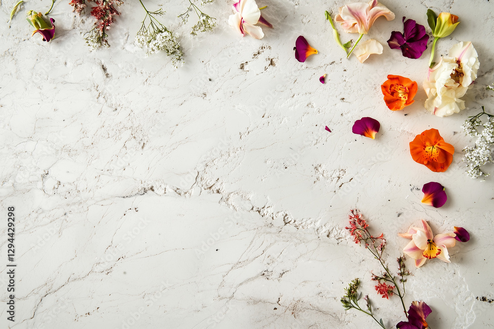 White Marble Counter with Scattered Flower Petals | Minimalist Aesthetic Flat Lay | Elegant Home and Kitchen Decor