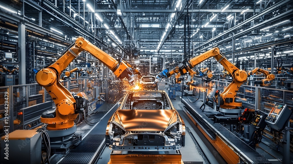 An image depicting a highly automated assembly line in a modern car manufacturing facility Synchronized robotic systems are shown welding and assembling vehicle frames with precision and efficiency