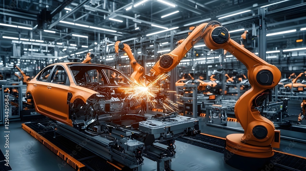 Automated robotic arms precisely assembling car components in a state of the art