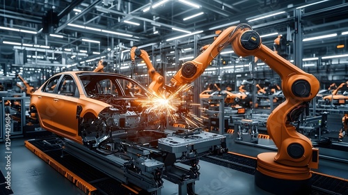 Obraz na płótnie Automated robotic arms precisely assembling car components in a state of the art w salonie