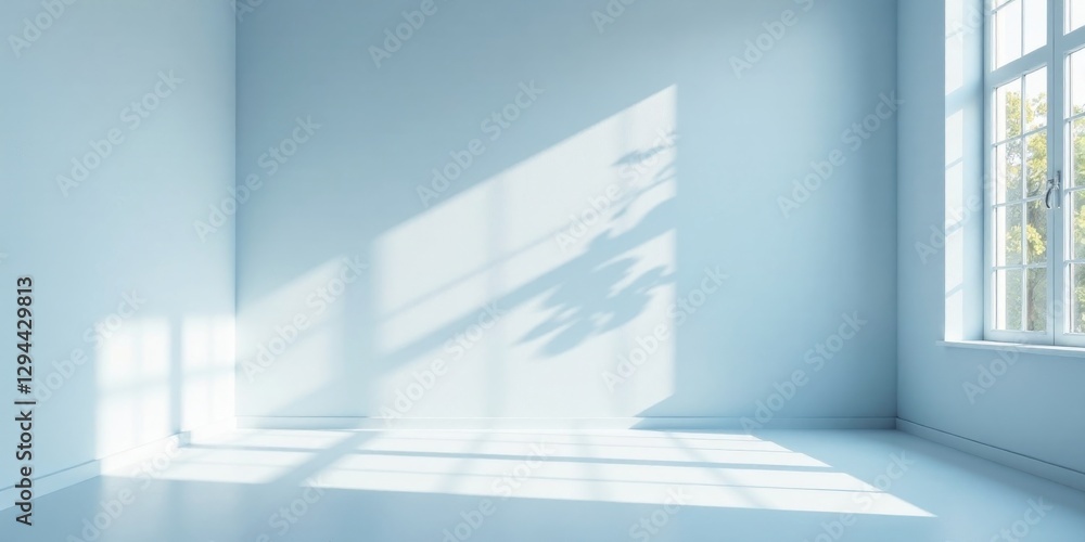 Fototapeta premium Serene Room Interior with Sunlight Streaming Through Window Casting Leaf Shadows on Pale Blue Walls