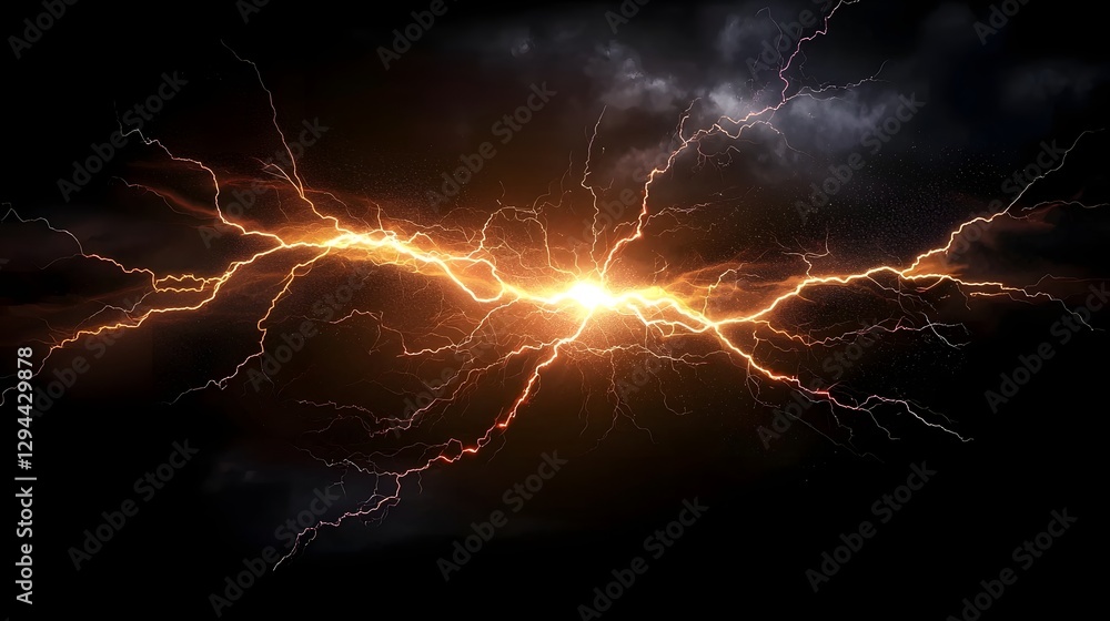 Bright electric lightning bolt striking across a deep black background showcasing intense energy sharp glowing edges and a dramatic storm atmosphere