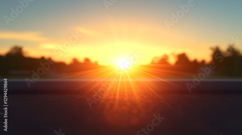 Sunset over horizon with beams of light shining through trees and soft foreground focus on asphalt road