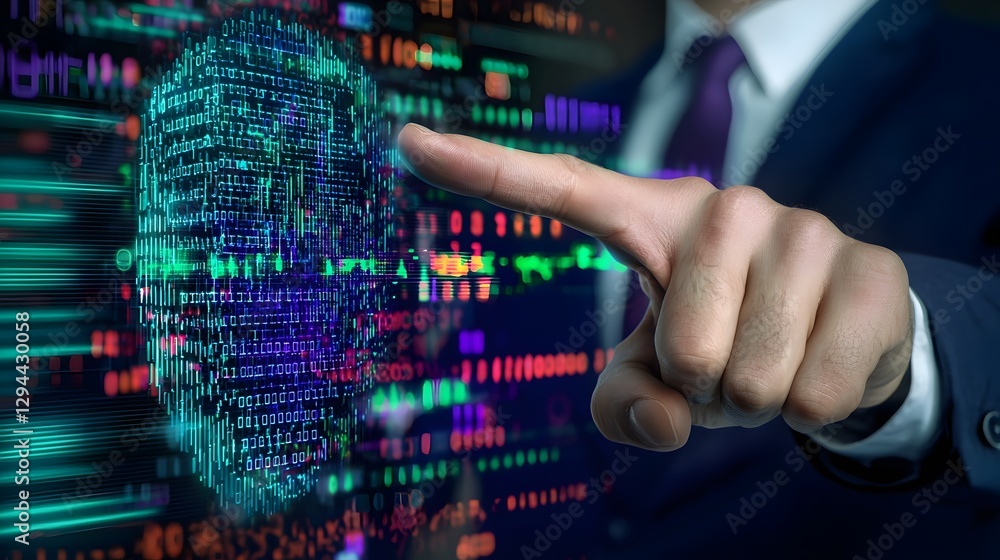 Businessman pointing at a glowing biometric fingerprint scanner interface