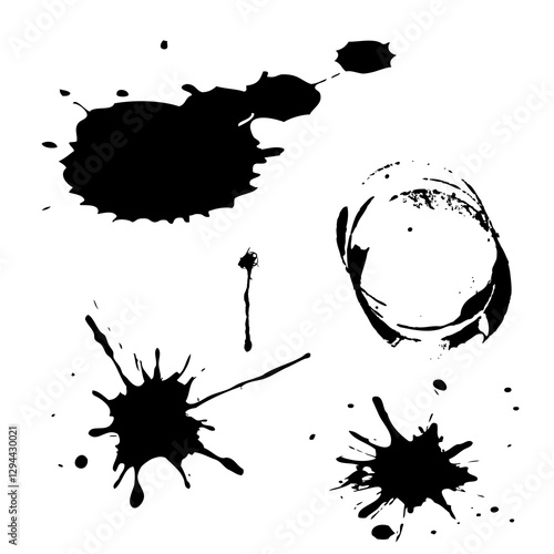 Vector set of black ink blots, drops and brush strokes, isolated on the white