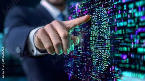 Obraz na płótnie Businessman Accessing Encrypted Data Through Fingerprint Recognition System for Futuristic Cybersecurity Concept w salonie