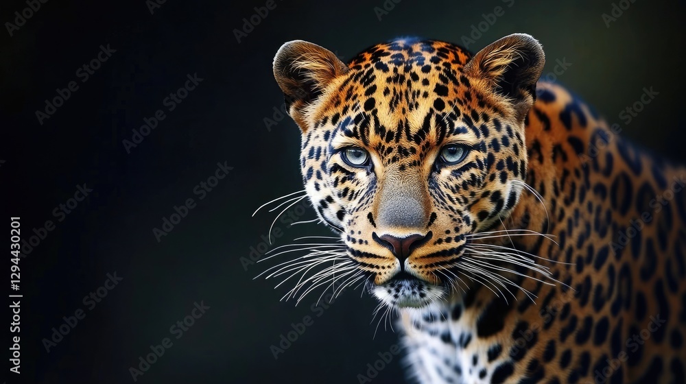 Obraz premium A leopard captured in a pose, muscles tensed, with its spots standing out on a black background