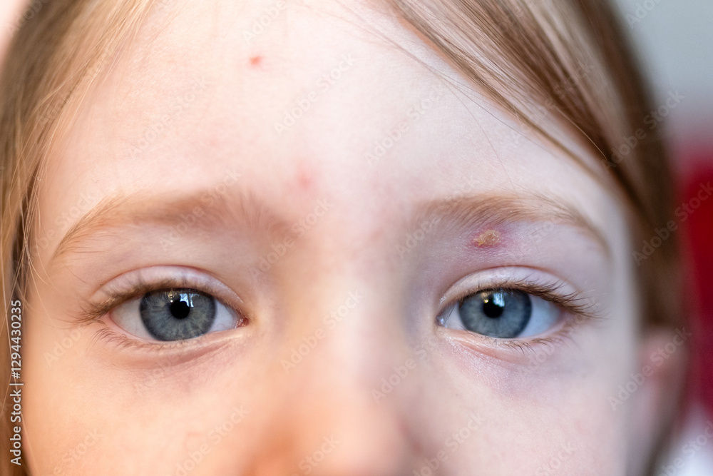 Varicella virus or Chickenpox bubble rash on child