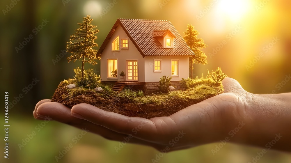 Close up image of a small model of a house resting gently in a person s cupped hands against a soft blurred natural background This symbolizes the security investment