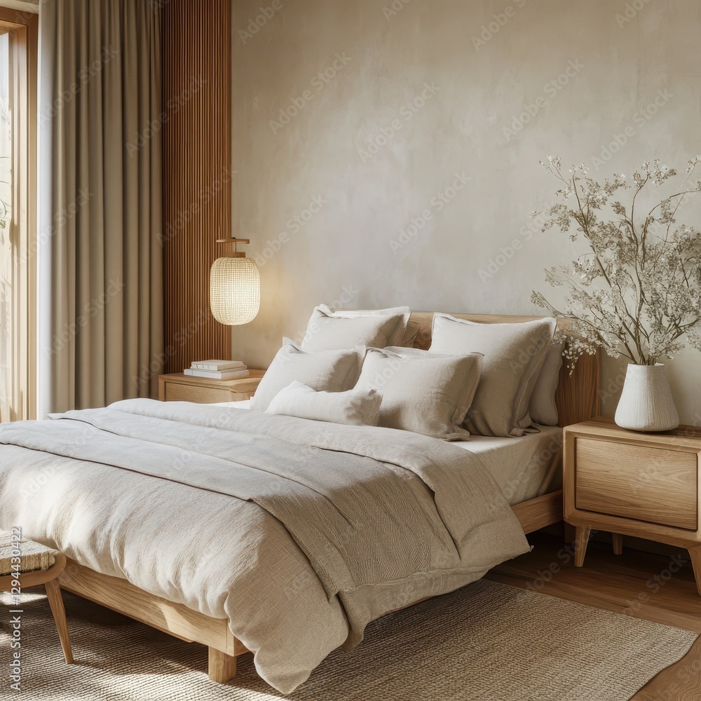 A serene bedroom showcases modern design and comfortable neutral colors A serene bedroom showcases modern design and comfortable neutral colors