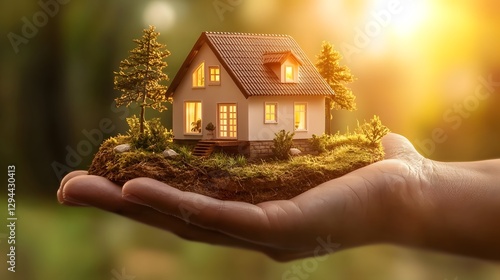 Obraz na płótnie Close up image of a small model of a house resting gently in a person s cupped hands against a soft blurred natural background This symbolizes the security investment w salonie