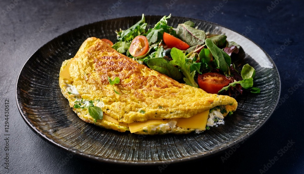 delicious french omelette served with a fresh salad on a dark textured plate delicious french omelette served with a fresh salad on a dark textured plate