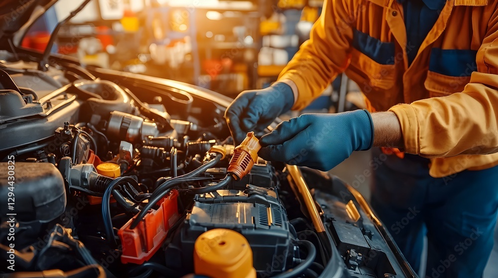 Close up of the hands of a skilled and experienced automotive mechanic meticulously adjusting car battery cables checking voltage levels