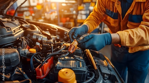 Obraz na płótnie Close up of the hands of a skilled and experienced automotive mechanic meticulously adjusting car battery cables checking voltage levels w salonie