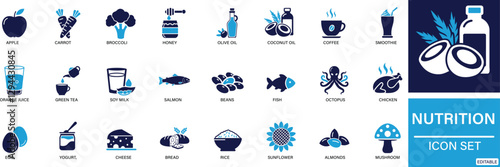 Nutrition icon set Apple, Carrot, Broccoli, Coffee, Honey, Olive oil, Coconut oil, You can easily change the color