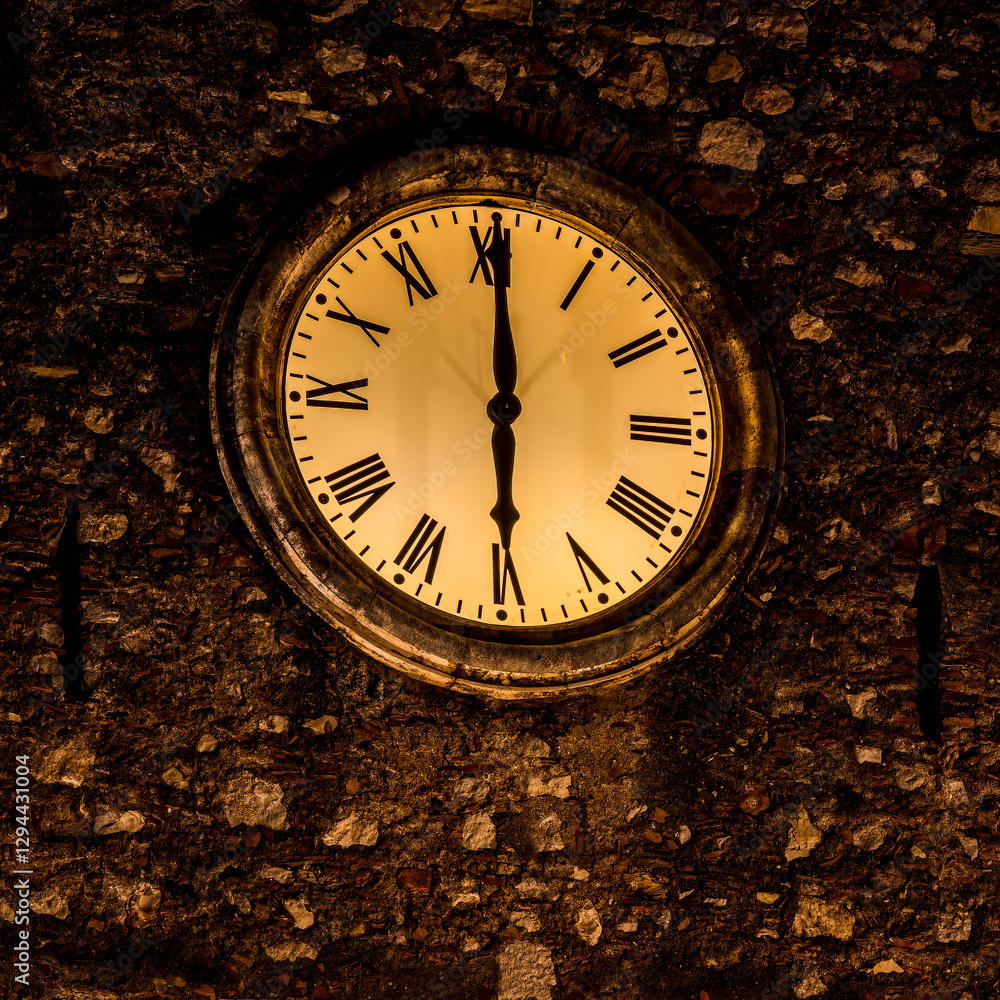 custom made wallpaper toronto digitalclock on a ancient vintage wall in yellow golden light at six o'clock. Old clock tower at evening time.