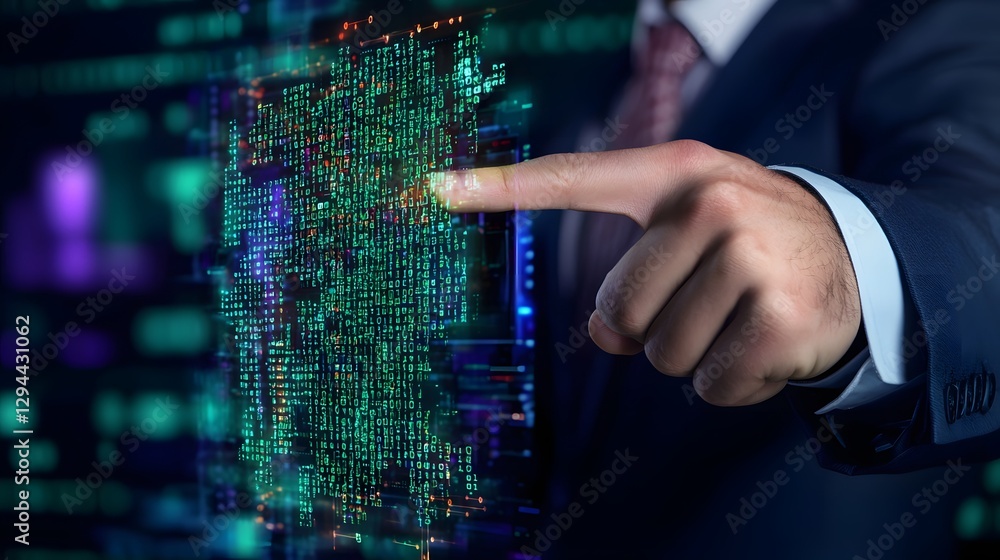 Close up view of a businessman s finger unlocking a secure high tech system using a holographic biometric scan