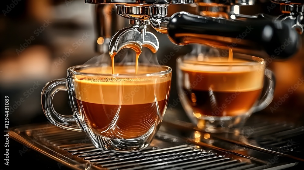 Close up view of a professional coffee machine dispensing a rich steaming shot of espresso into a ceramic cup creating a smooth and inviting crema on top in a warm cozy caf atmosphere