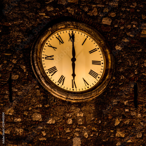 Wallpaper Mural clock on a ancient vintage wall in yellow golden light at six o'clock. Old clock tower at evening time. Torontodigital.ca