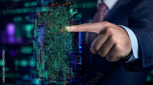 Obraz na płótnie Close up view of a businessman s finger unlocking a secure high tech system using a holographic biometric scan w salonie
