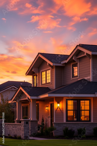 Dream House at Sunset: Luxurious Home Exterior with Warm Lighting and Stunning Sky. A perfect family home in a beautiful neighborhood.