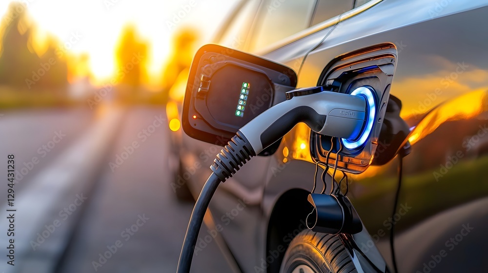 Close up view of an electric vehicle charger connected to a sleek and modern electric car with a glowing blue power supply