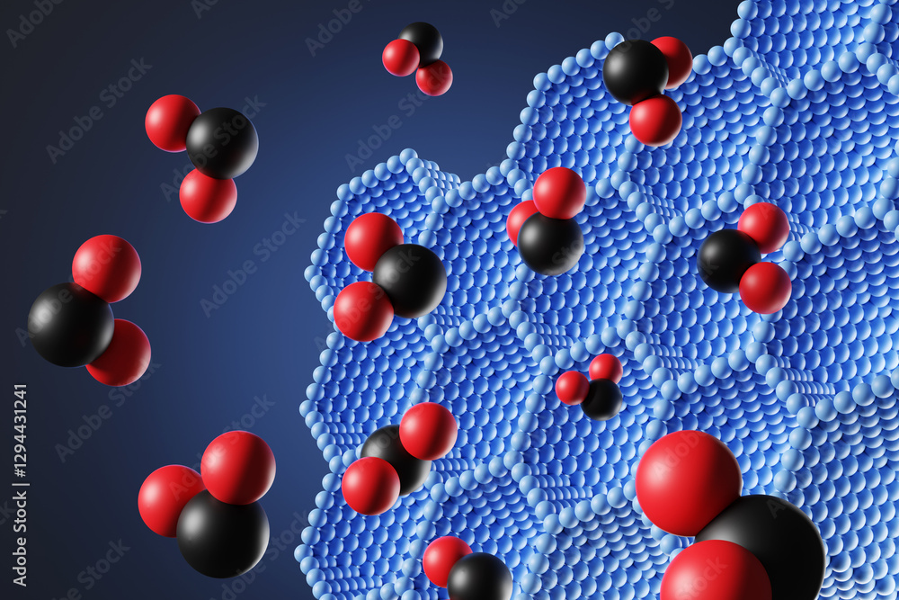 Φωτογραφία Black and red molecules having hydrogen-like bonding moving towards a blue hexagonal molecular structure