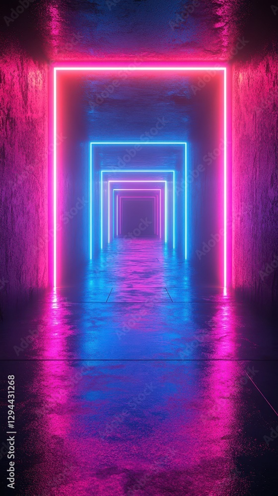 Vibrant neon light corridor illuminated in blue and pink, creating a futuristic atmosphere Vibrant neon light corridor illuminated in blue and pink, creating a futuristic atmosphere
